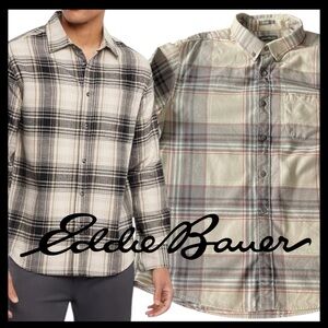 Eddie Bauer Cream/Grey Plaid Cotton Classic Fit Button Down Flannel Shirt (L)